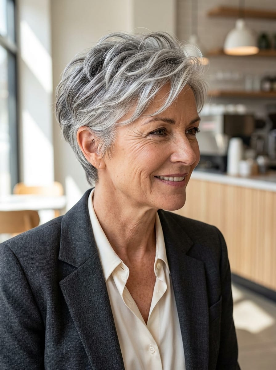 Moderner Pixie für graue Haare - Kurzhaarfrisur ab 50
